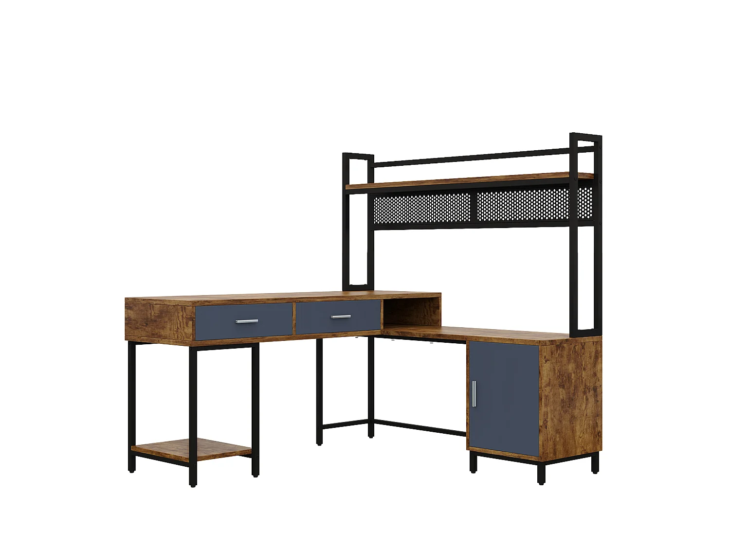 Industrieel L-vormig hoekbureau van metaal en MDF met 2 lades en een deur – Zwart en hout