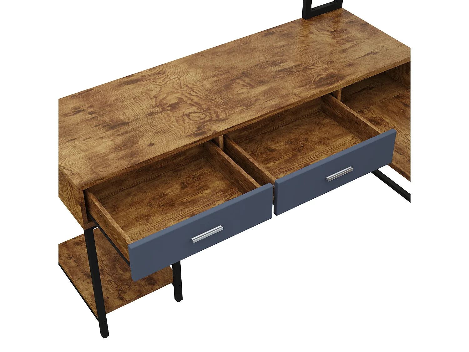 Industrieel L-vormig hoekbureau van metaal en MDF met 2 lades en een deur – Zwart en hout