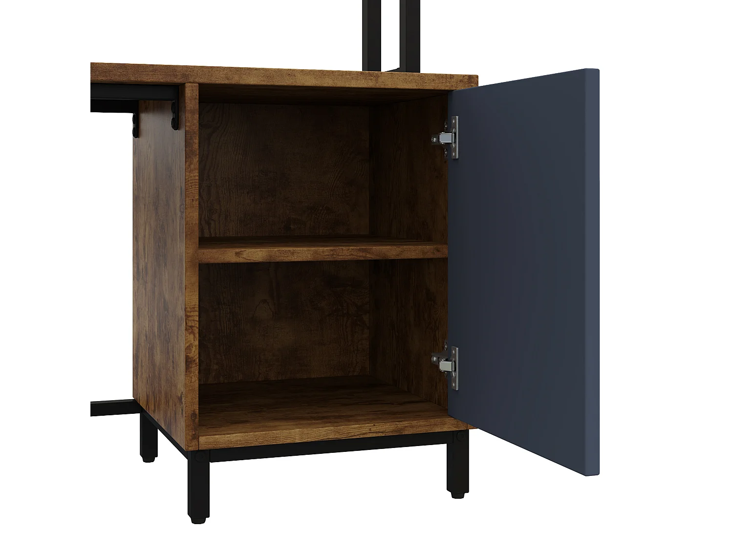 Industrieel L-vormig hoekbureau van metaal en MDF met 2 lades en een deur – Zwart en hout
