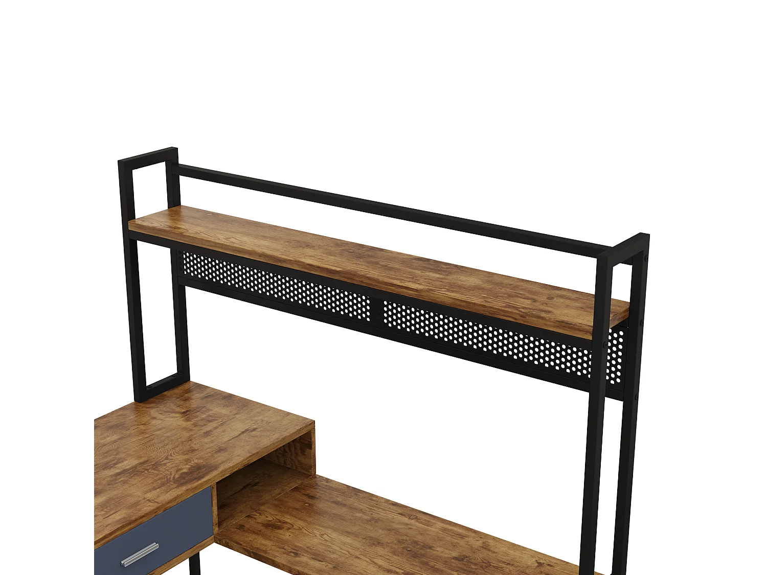 Industrieel L-vormig hoekbureau van metaal en MDF met 2 lades en een deur – Zwart en hout