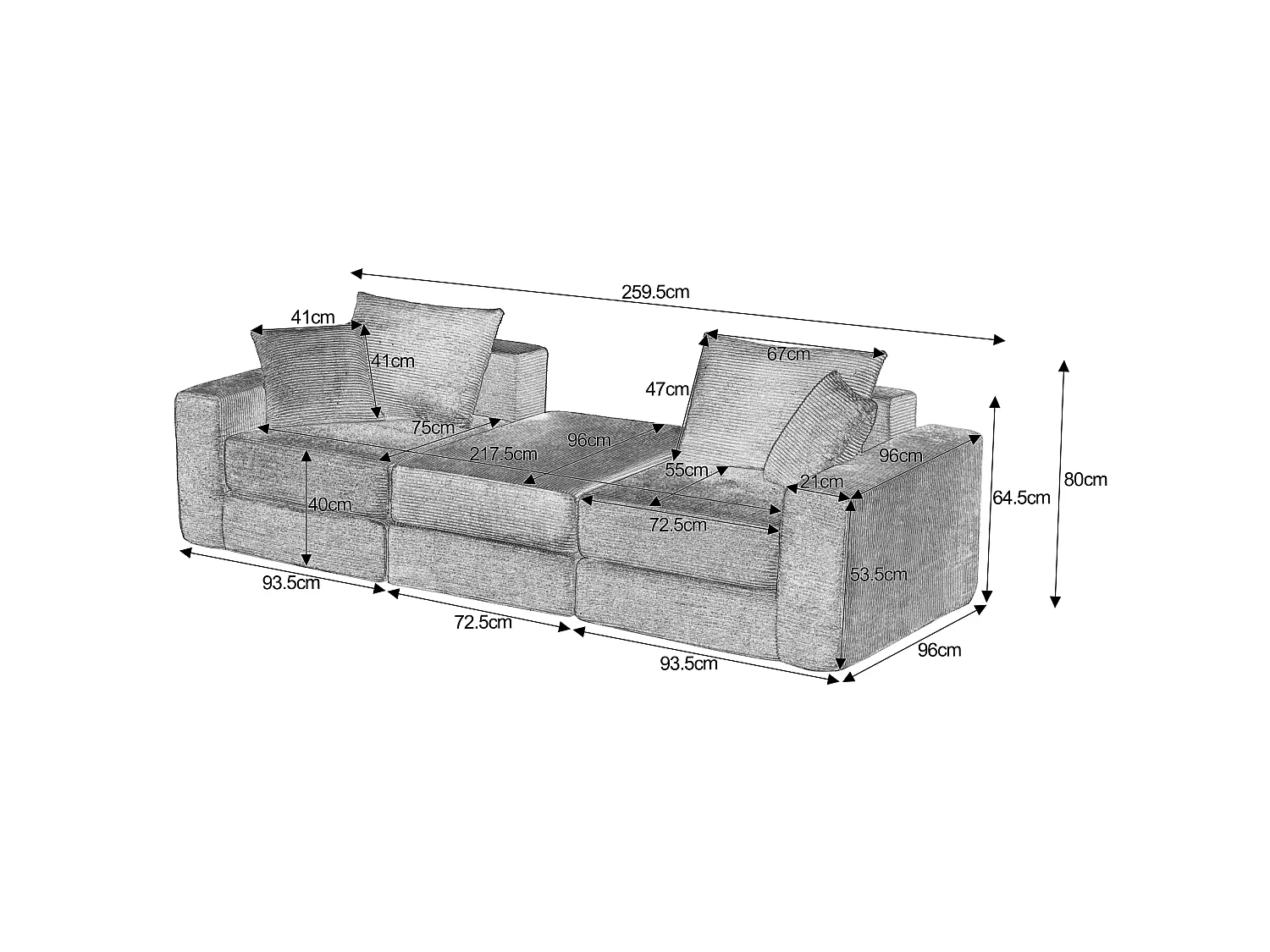 Canapé modulable convertible 3 places en velours côtelé avec coussins - Sans montage - Beige