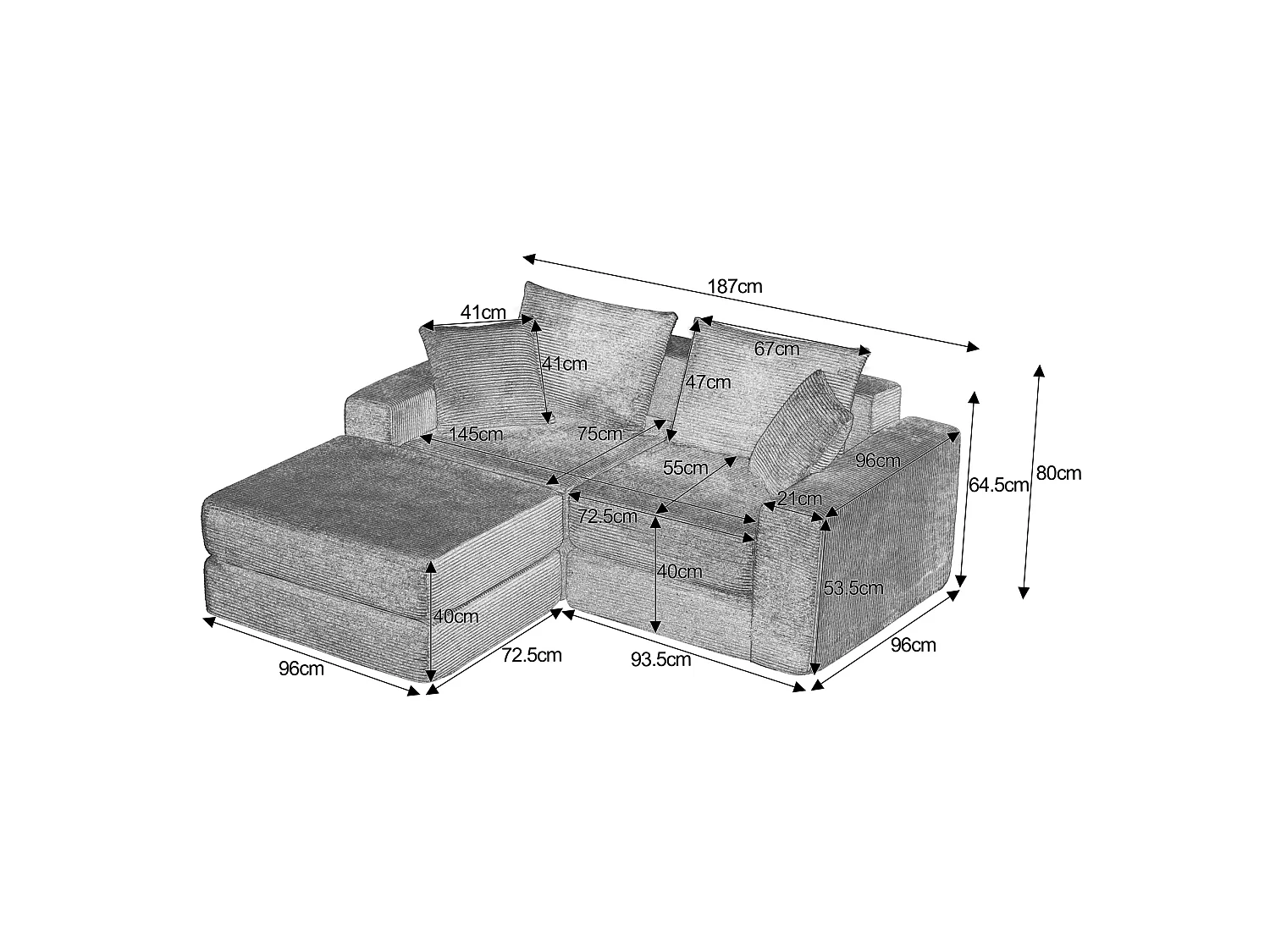 Canapé modulable convertible 3 places en velours côtelé avec coussins - Sans montage - Beige