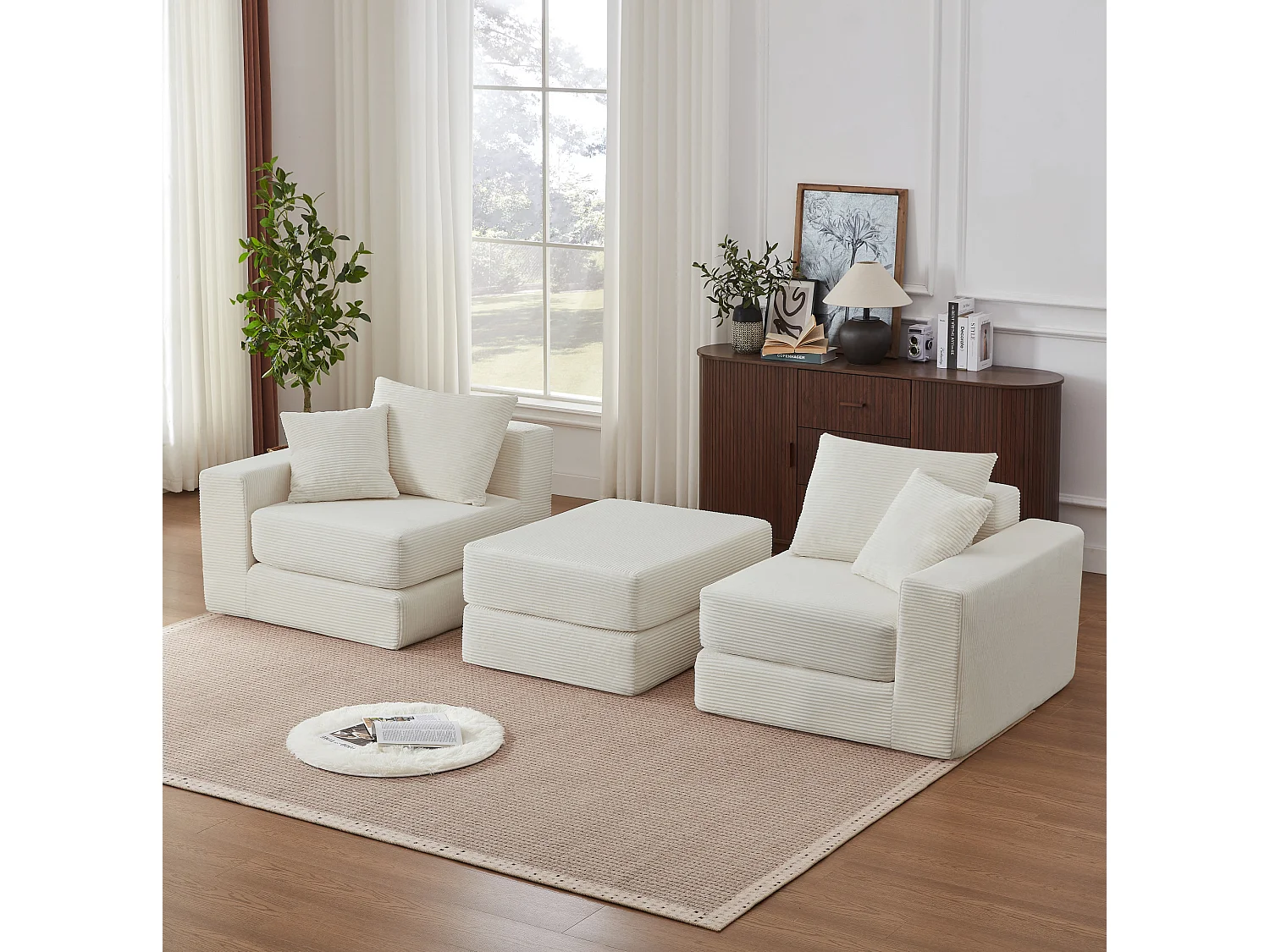 Canapé modulable convertible 3 places en velours côtelé avec coussins - Sans montage - Beige