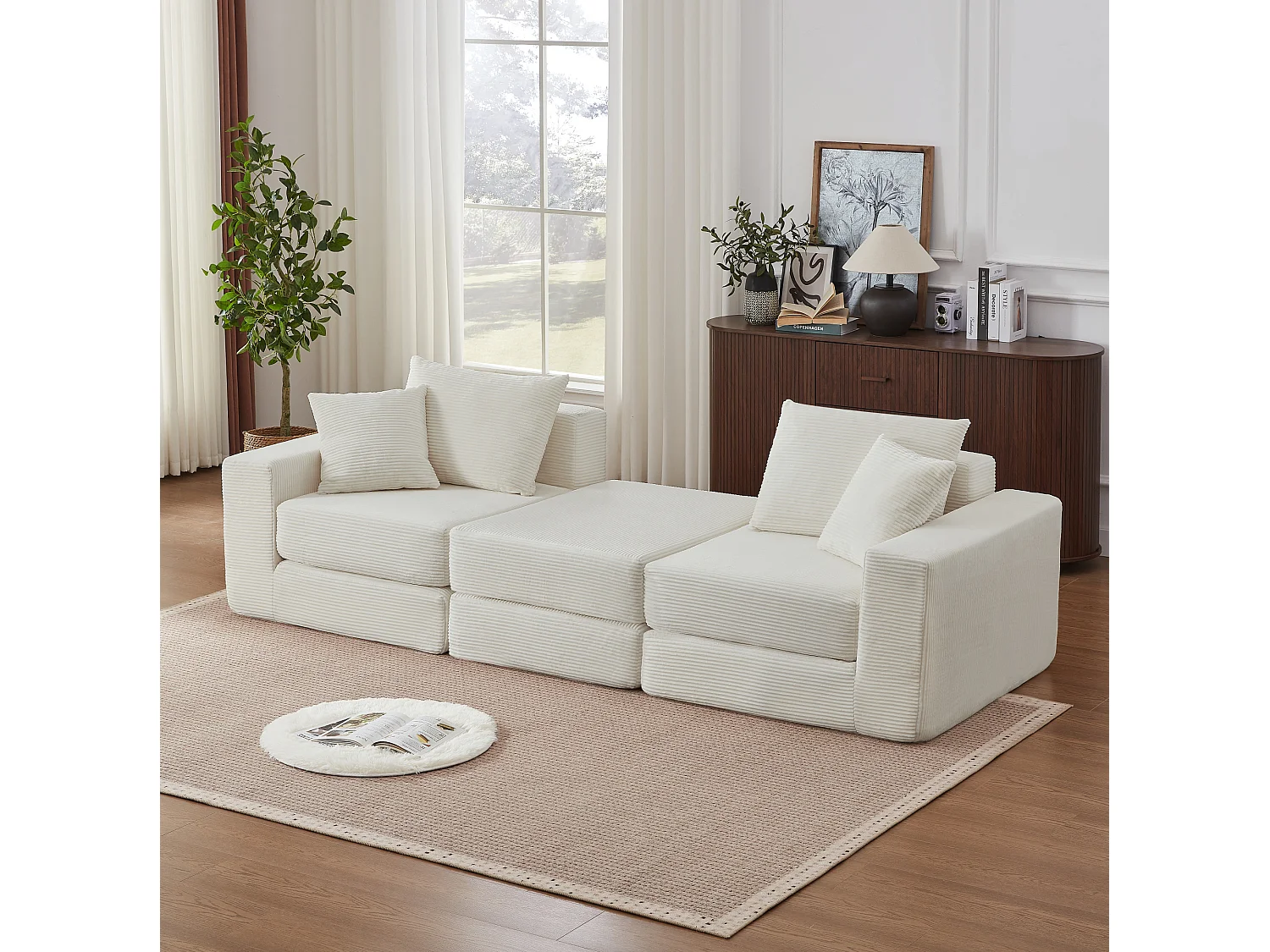 Canapé modulable convertible 3 places en velours côtelé avec coussins - Sans montage - Beige