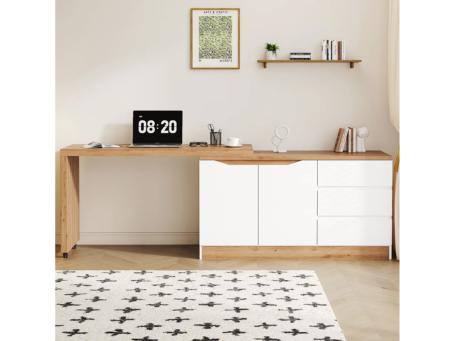 Bureau d'angle blanc et chêne avec roulettes, plateau pivotant , 2 portes et 3 tiroirs
