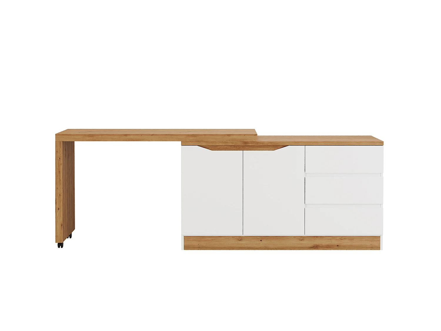 Bureau d'angle blanc et chêne avec roulettes, plateau pivotant , 2 portes et 3 tiroirs