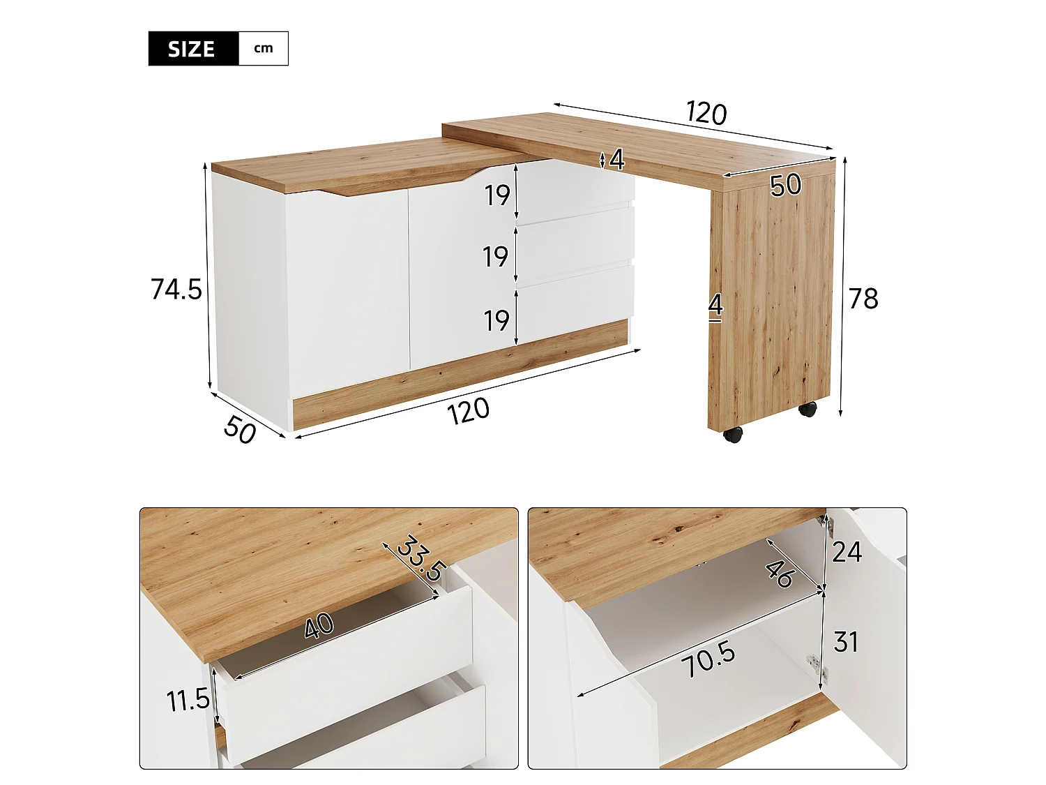 Bureau d'angle blanc et chêne avec roulettes, plateau pivotant , 2 portes et 3 tiroirs