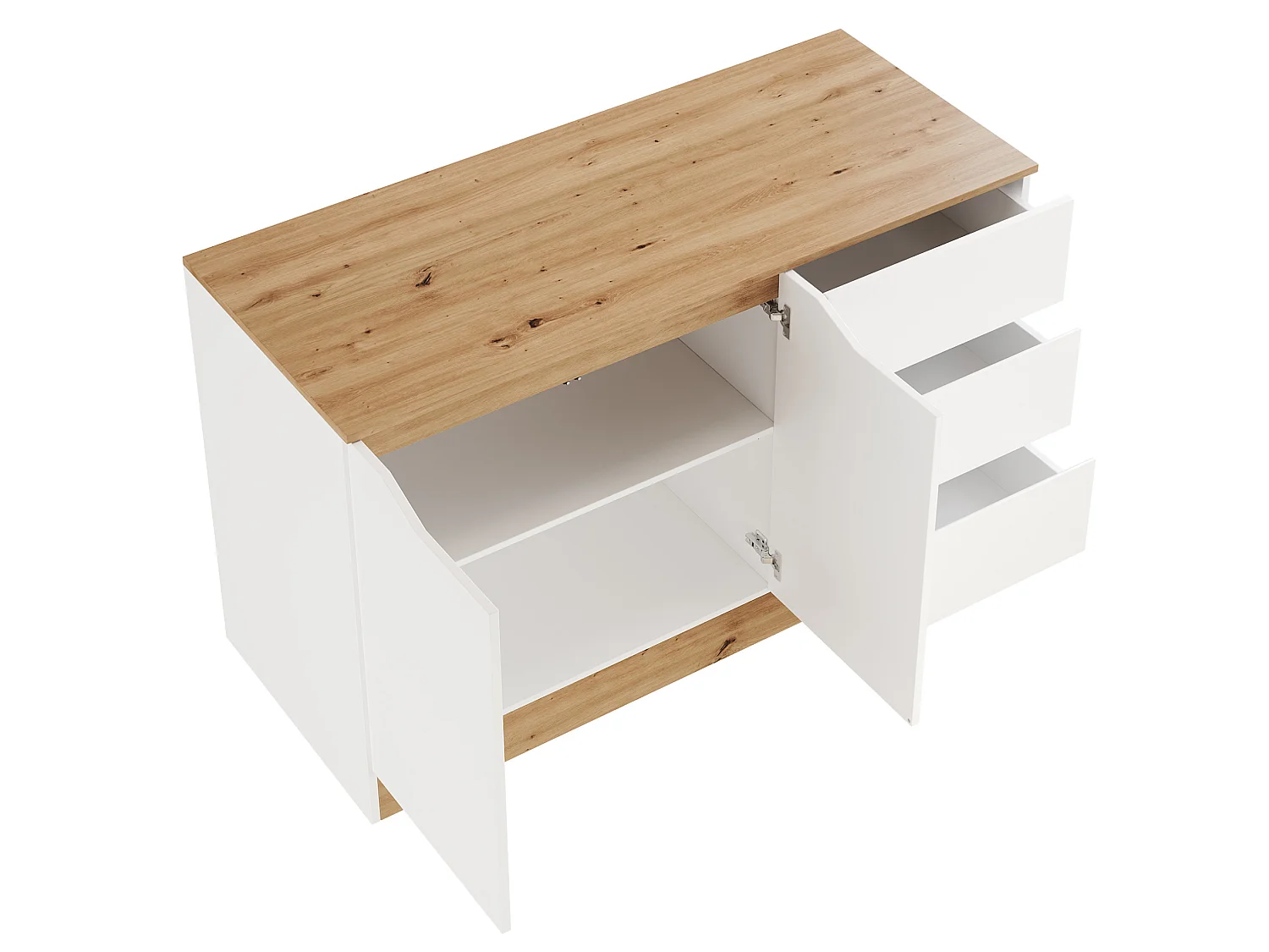 Bureau d'angle blanc et chêne avec roulettes, plateau pivotant , 2 portes et 3 tiroirs