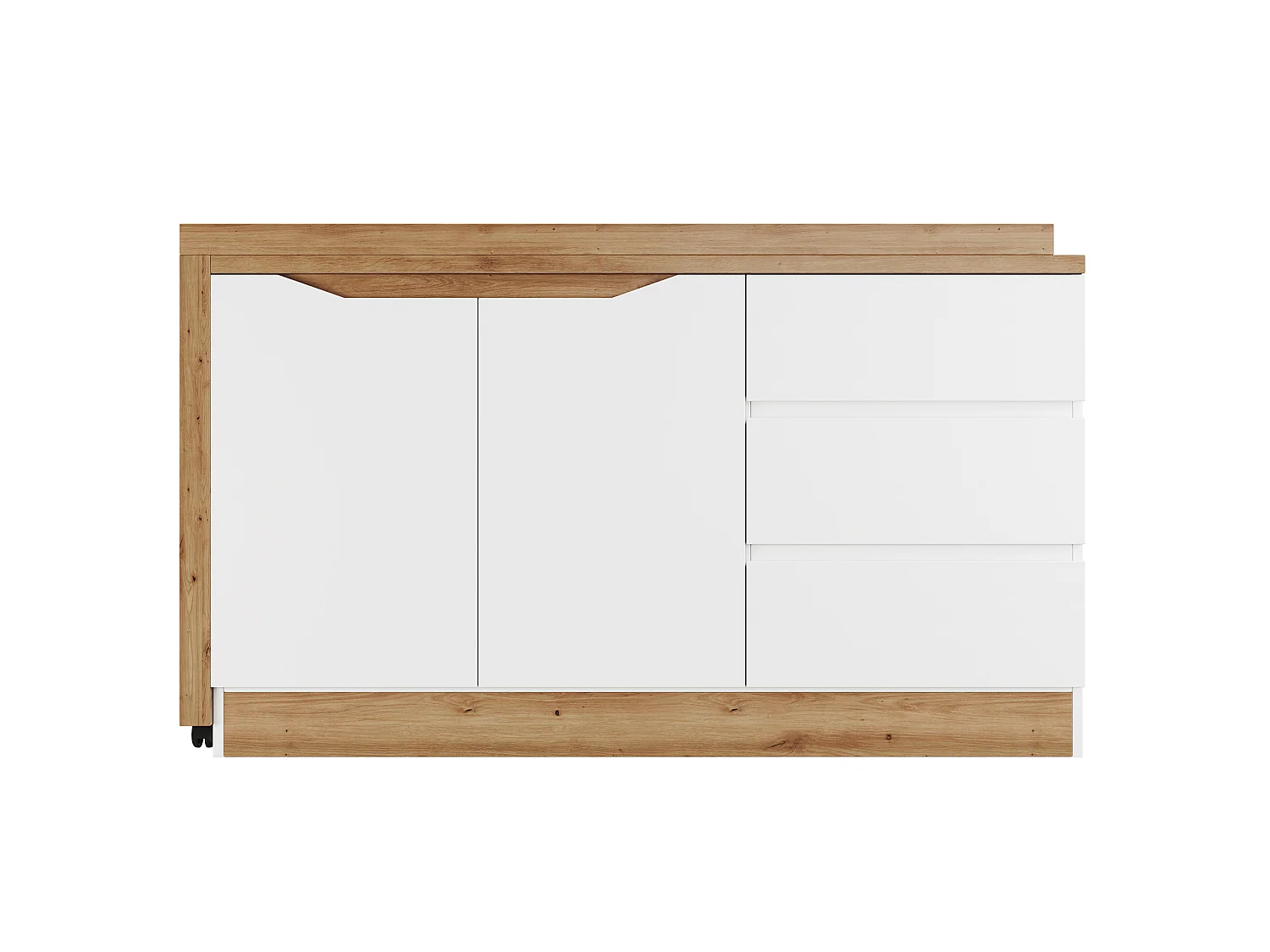 Bureau d'angle blanc et chêne avec roulettes, plateau pivotant , 2 portes et 3 tiroirs