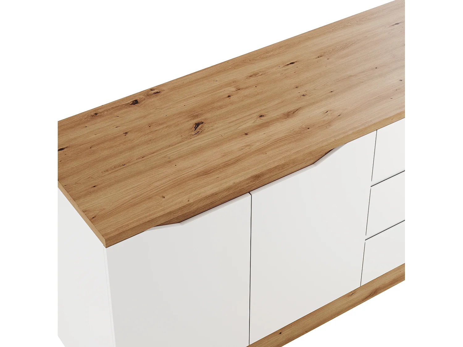 Bureau d'angle blanc et chêne avec roulettes, plateau pivotant , 2 portes et 3 tiroirs