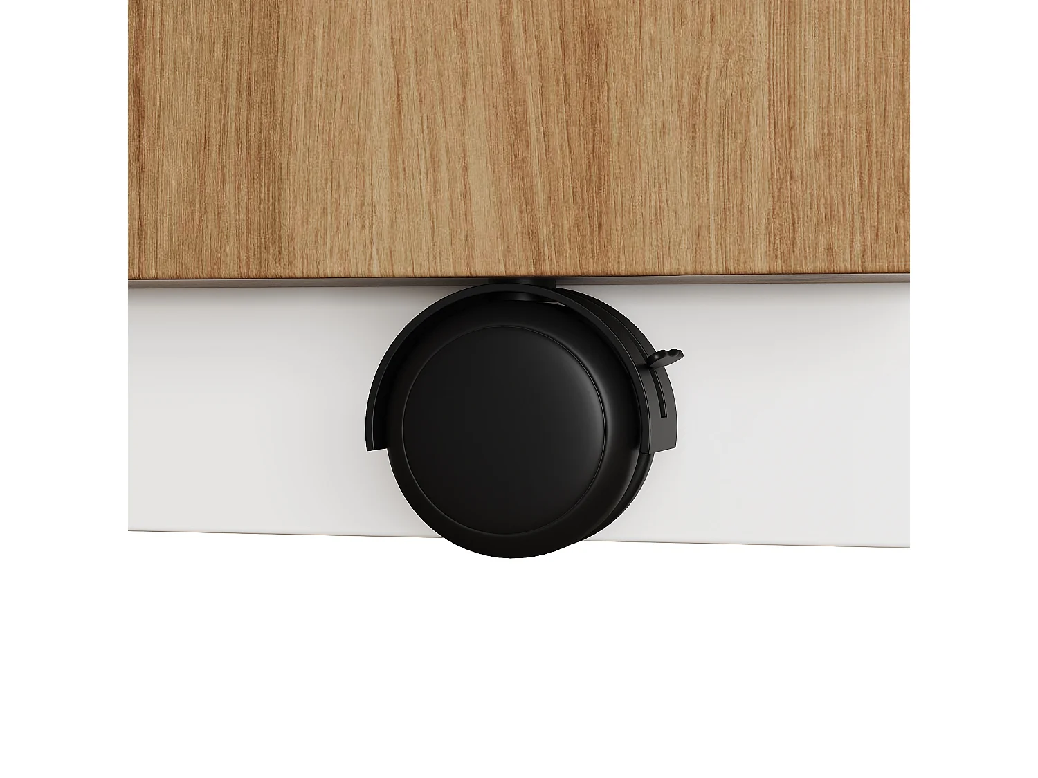 Bureau d'angle blanc et chêne avec roulettes, plateau pivotant , 2 portes et 3 tiroirs