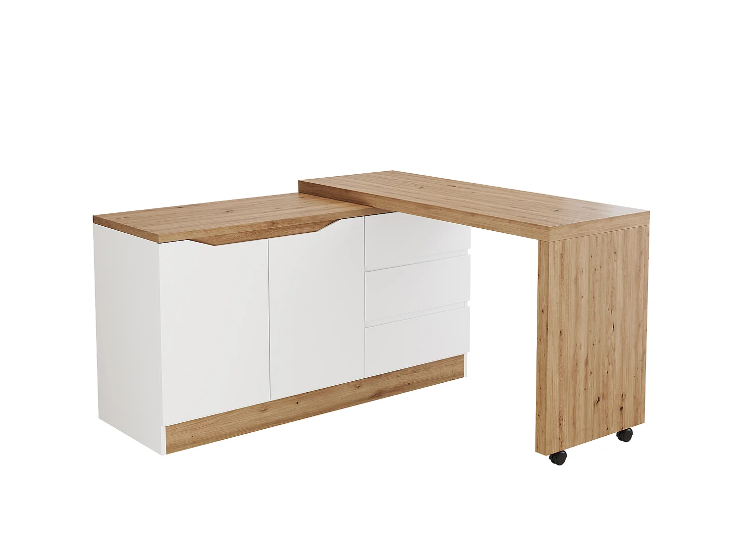 Bureau d'angle blanc et chêne avec roulettes, plateau pivotant , 2 portes et 3 tiroirs