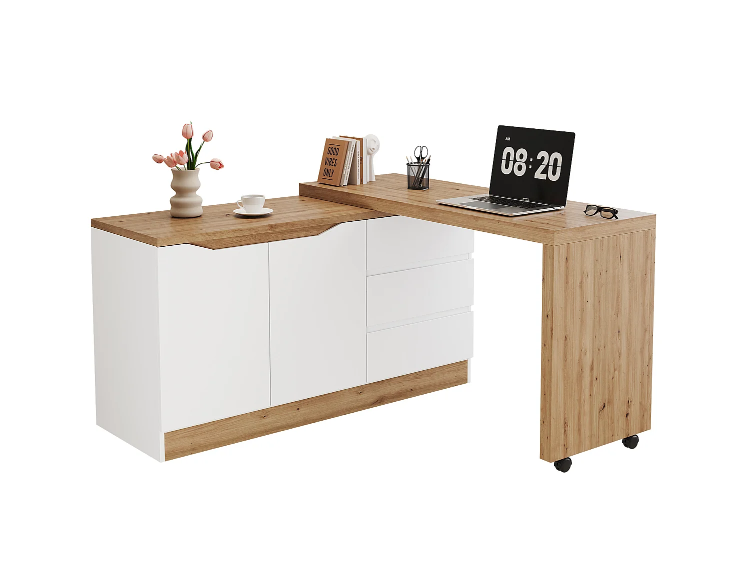 Bureau d'angle blanc et chêne avec roulettes, plateau pivotant , 2 portes et 3 tiroirs