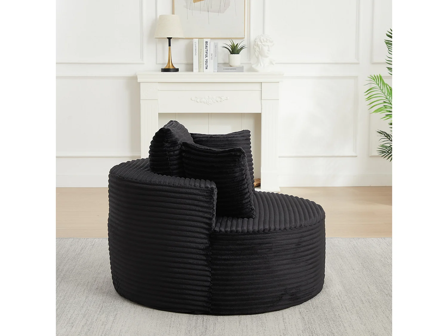 Sillón redondo de pana con 3 cojines - Diseño minimalista - Negro