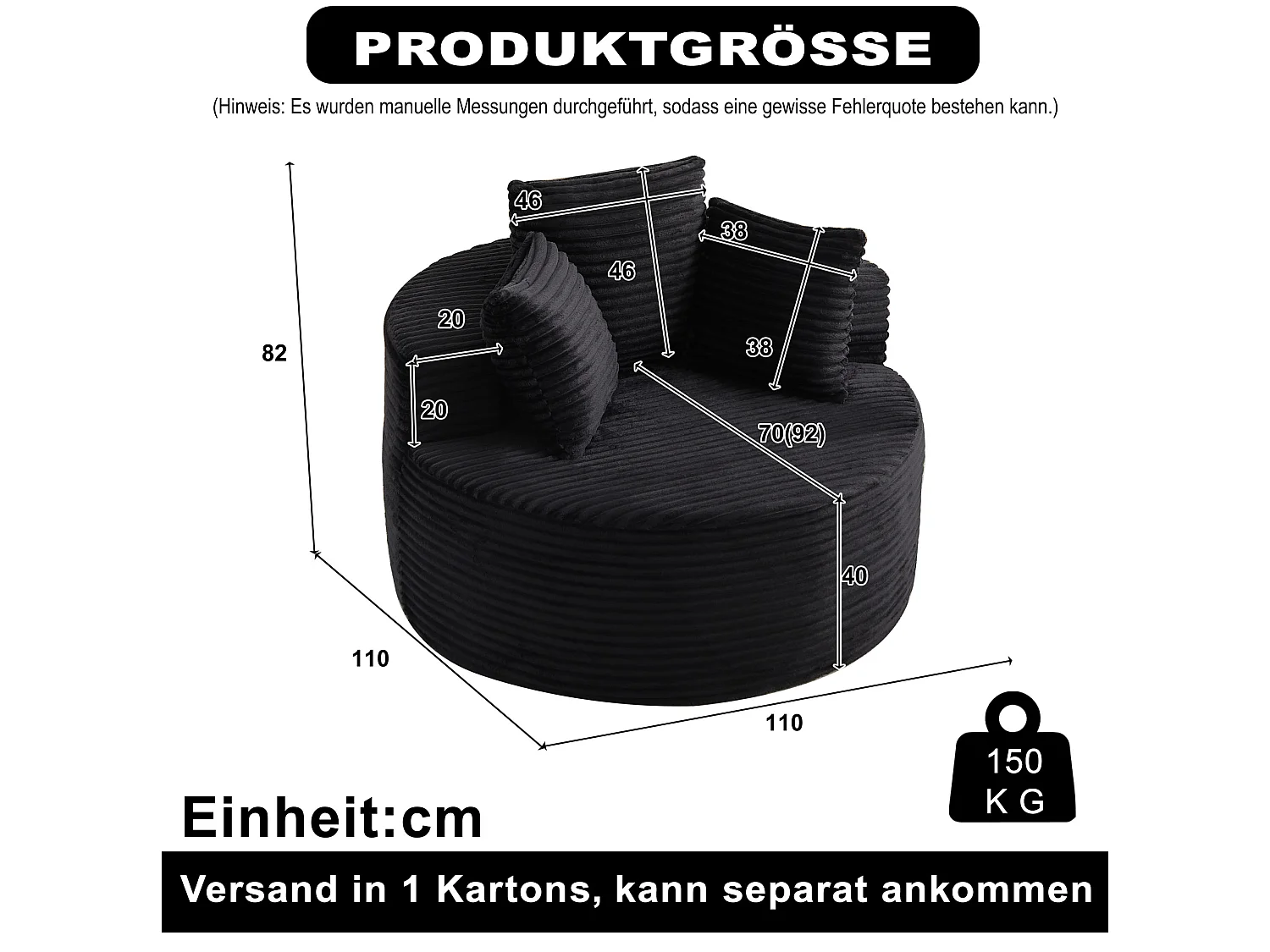 Sillón redondo de pana con 3 cojines - Diseño minimalista - Negro