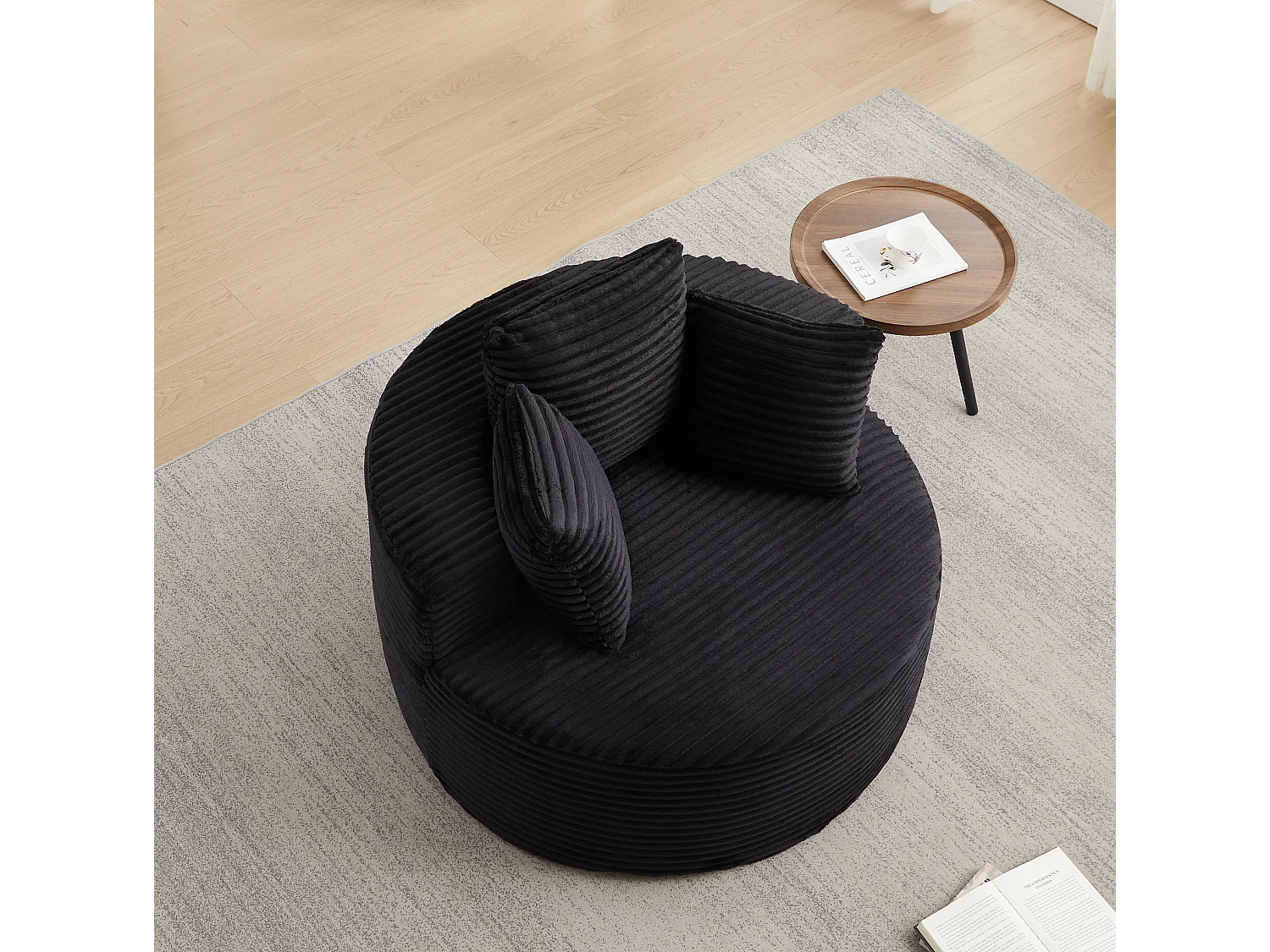 Sillón redondo de pana con 3 cojines - Diseño minimalista - Negro