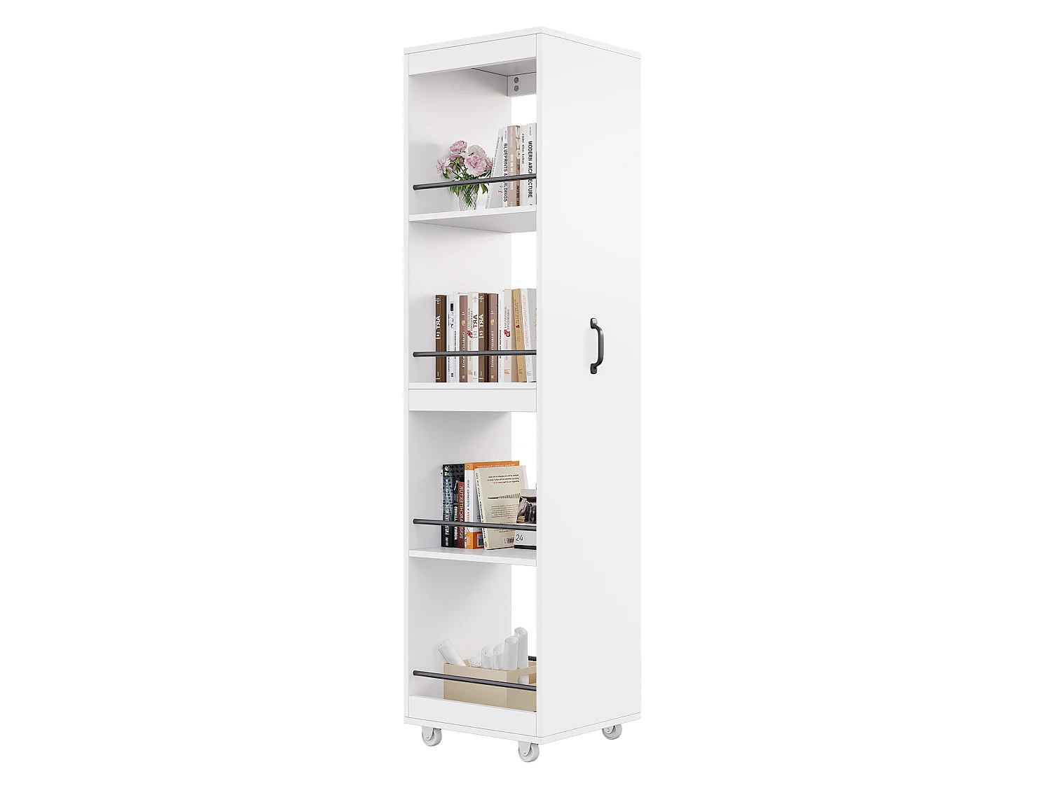 Bibliothèque étroite avec roulettes et rangement – ​​Blanc
