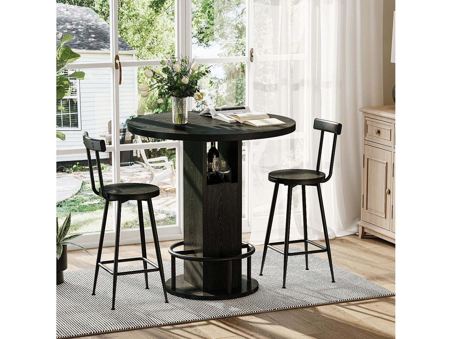 Ensemble bar 3 pièces noir, table 80 cm avec rangement et 2 tabourets, pieds métal