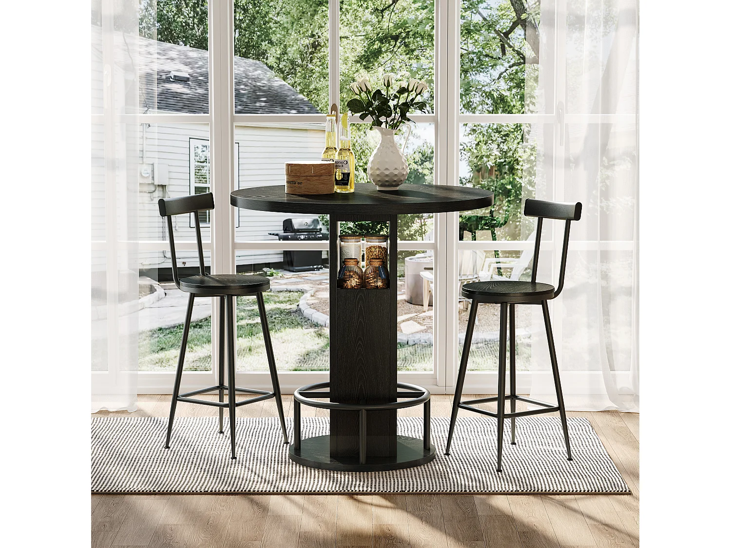 Ensemble bar 3 pièces noir, table 80 cm avec rangement et 2 tabourets, pieds métal