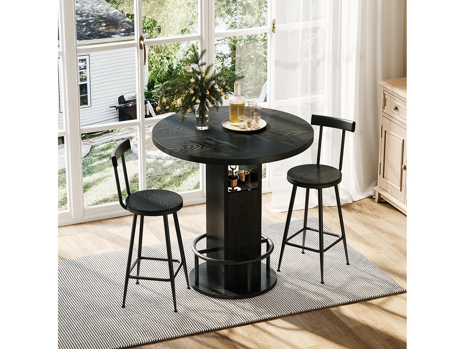 Ensemble bar 3 pièces noir, table 80 cm avec rangement et 2 tabourets, pieds métal