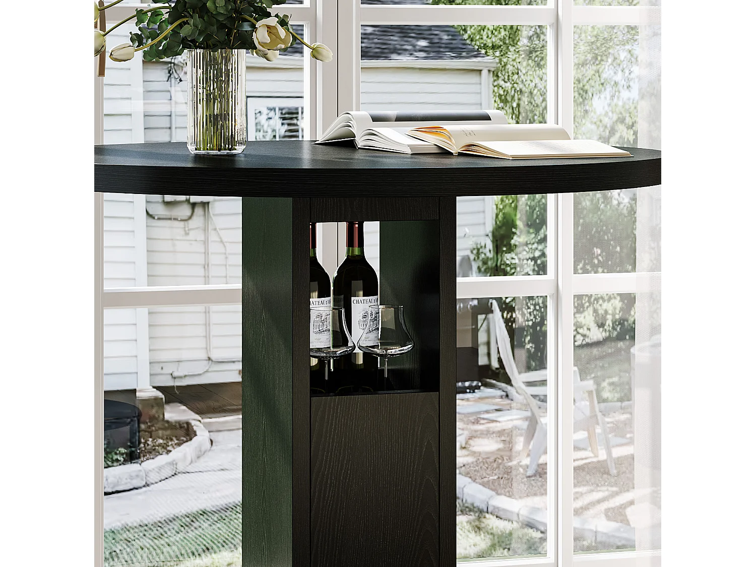 Ensemble bar 3 pièces noir, table 80 cm avec rangement et 2 tabourets, pieds métal