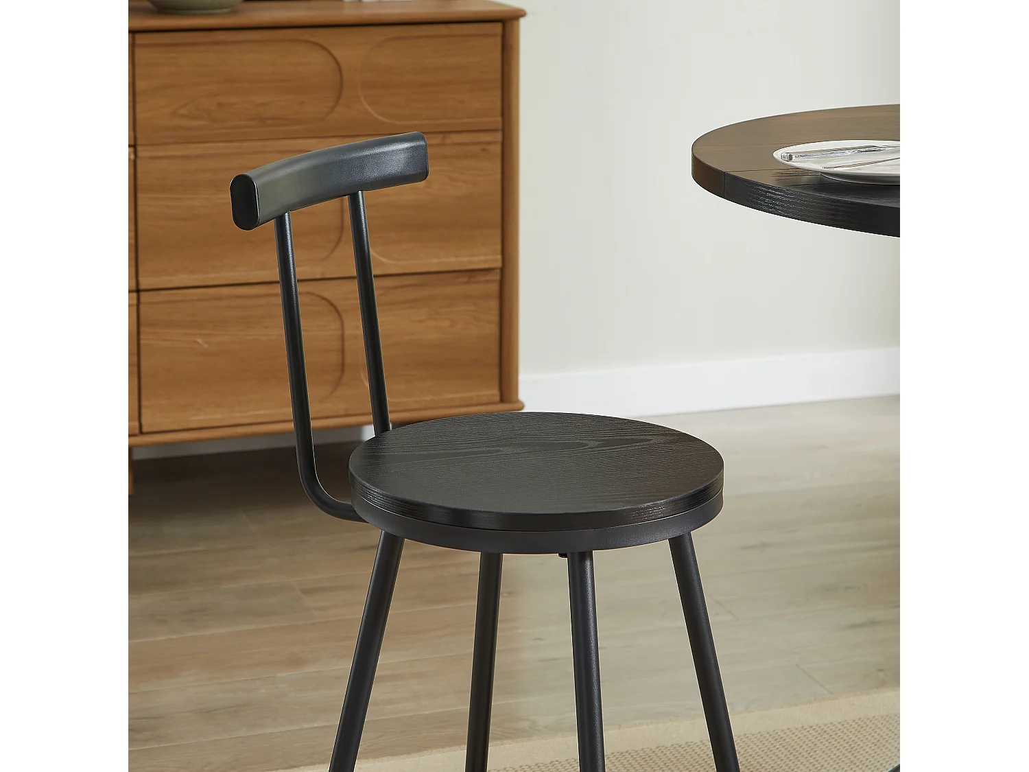 Ensemble bar 3 pièces noir, table 80 cm avec rangement et 2 tabourets, pieds métal