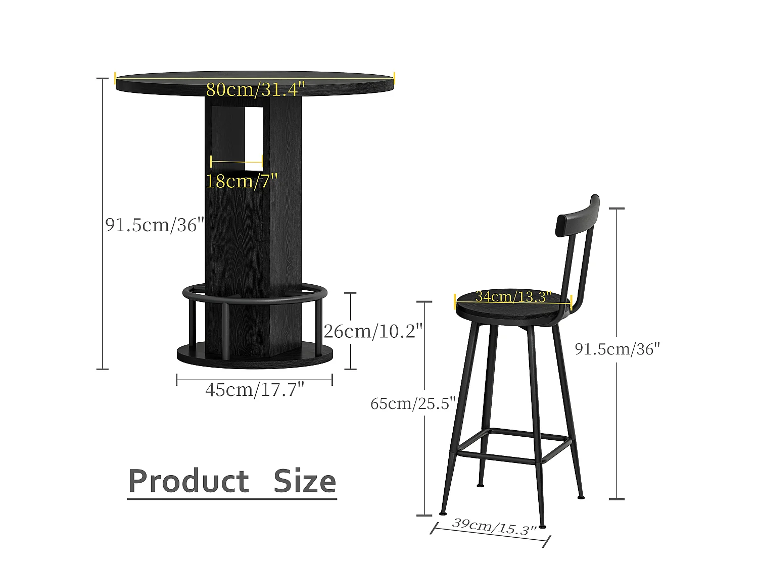 Ensemble bar 3 pièces noir, table 80 cm avec rangement et 2 tabourets, pieds métal