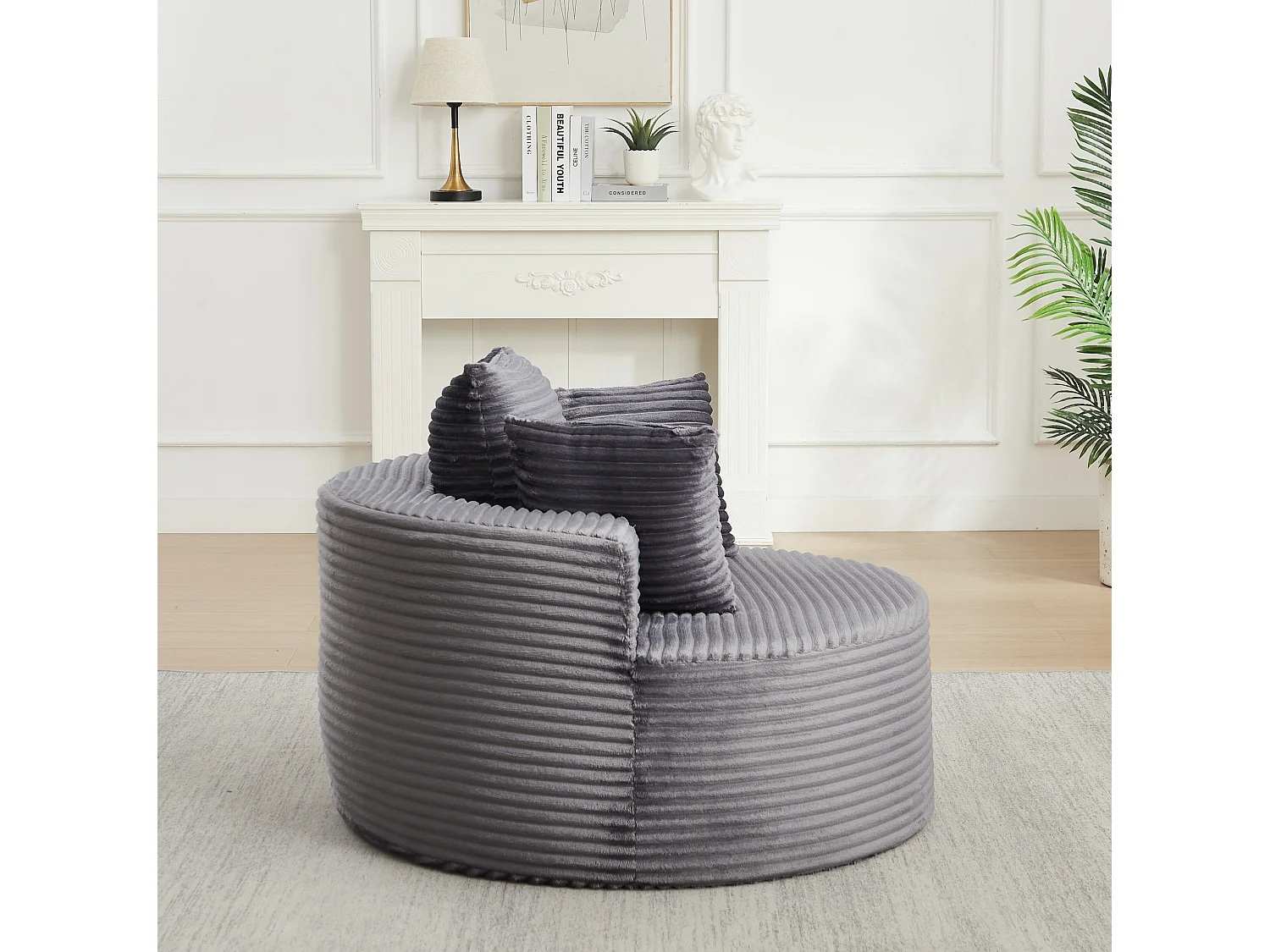 Sillón redondo de pana con 3 cojines - Diseño minimalista - Gris