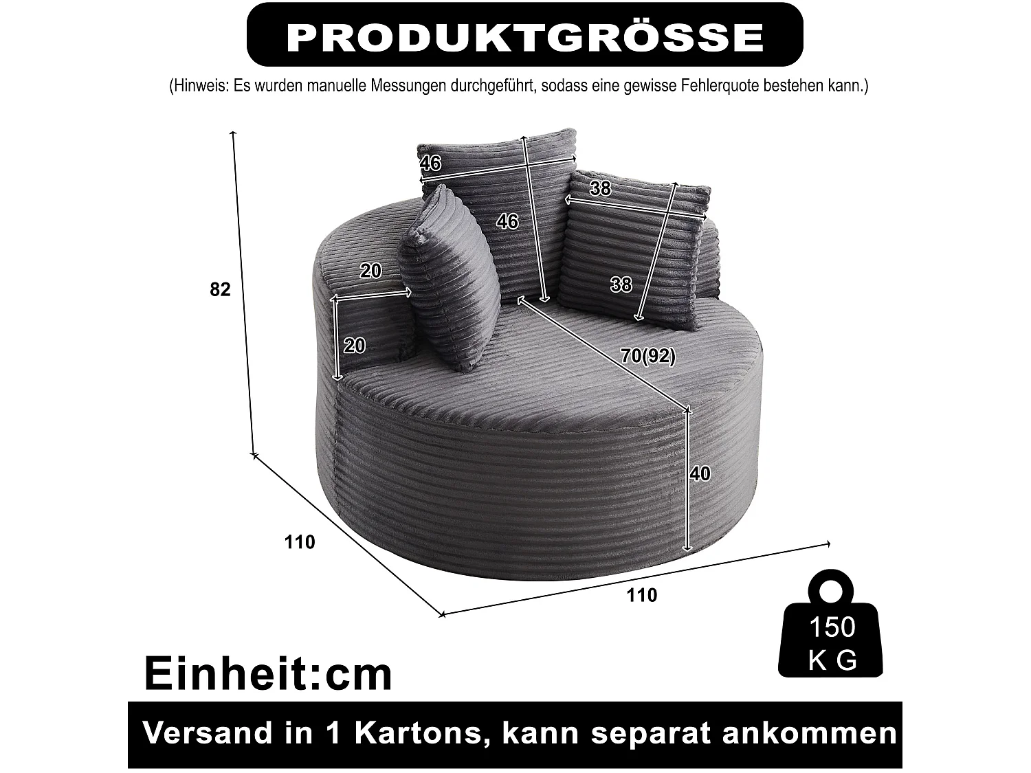 Sillón redondo de pana con 3 cojines - Diseño minimalista - Gris
