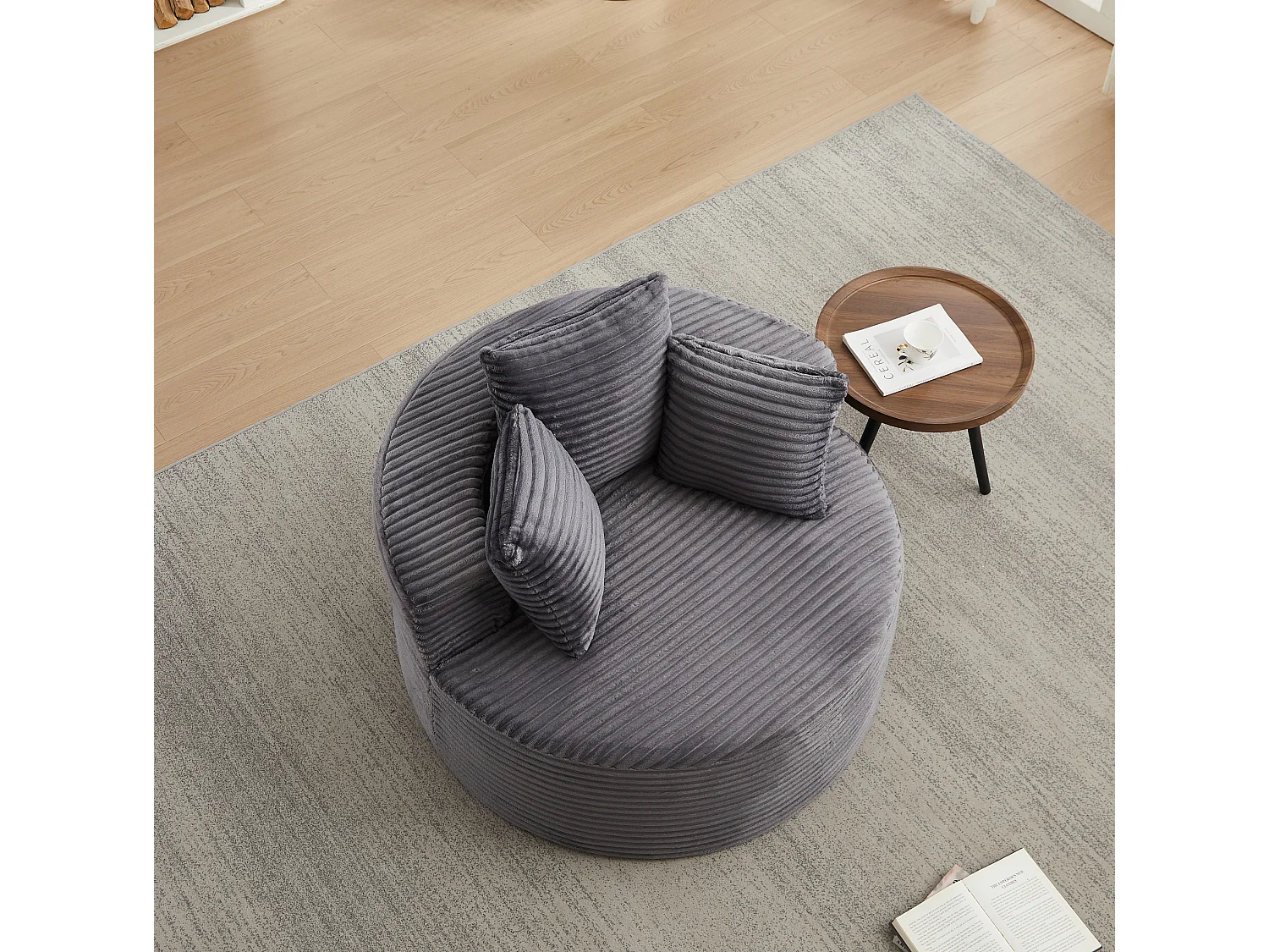 Sillón redondo de pana con 3 cojines - Diseño minimalista - Gris