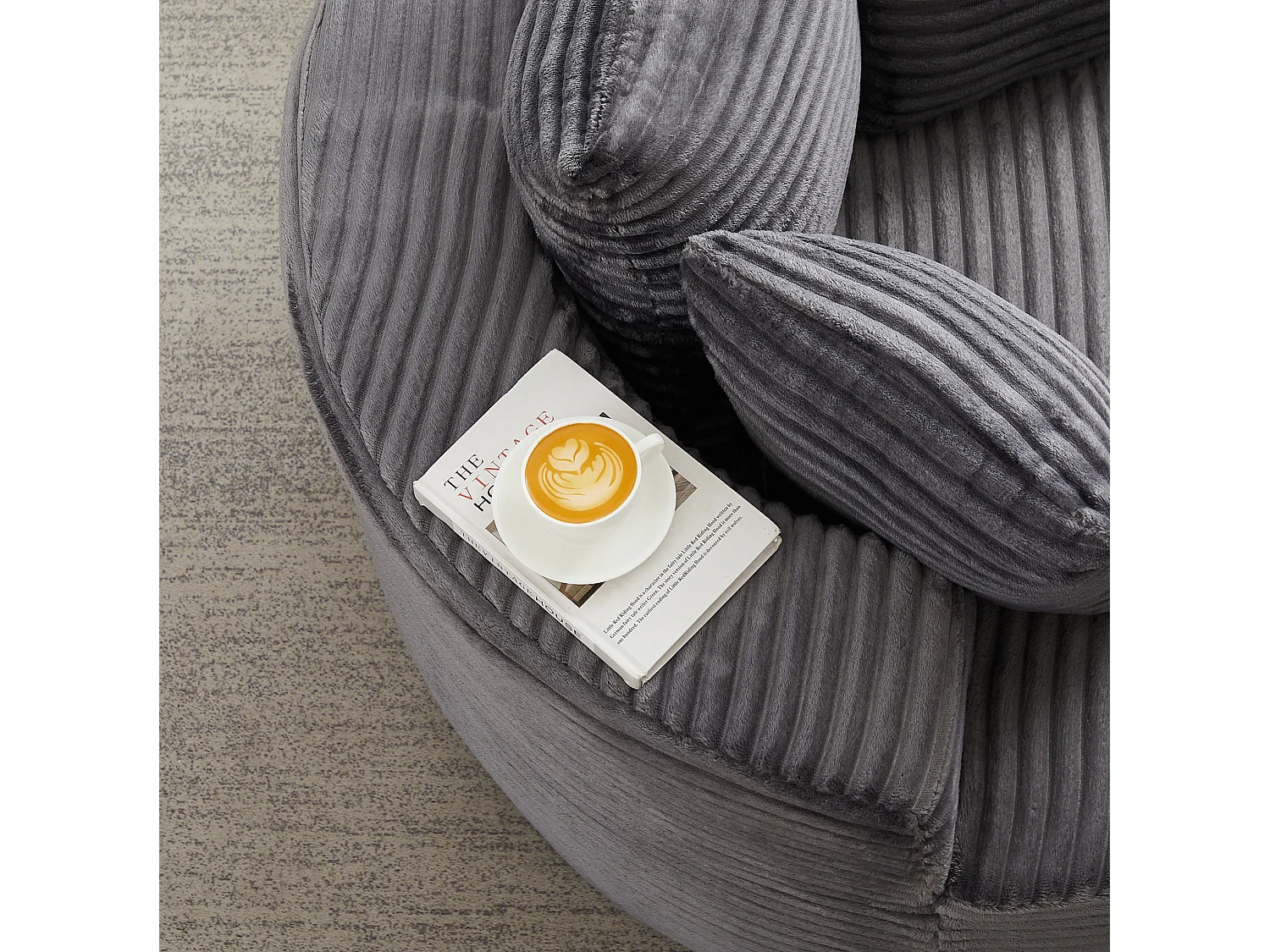 Sillón redondo de pana con 3 cojines - Diseño minimalista - Gris