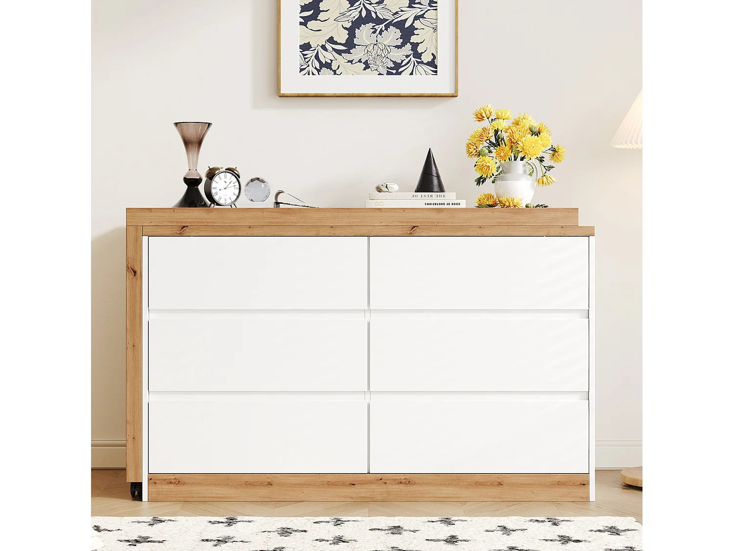 Bureau d’angle pliant pivotant avec 6 tiroirs - Blanc et bois