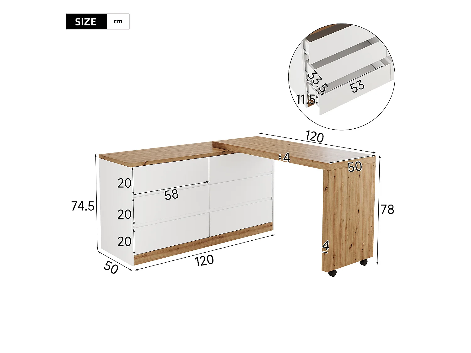 Bureau d’angle pliant pivotant avec 6 tiroirs - Blanc et bois