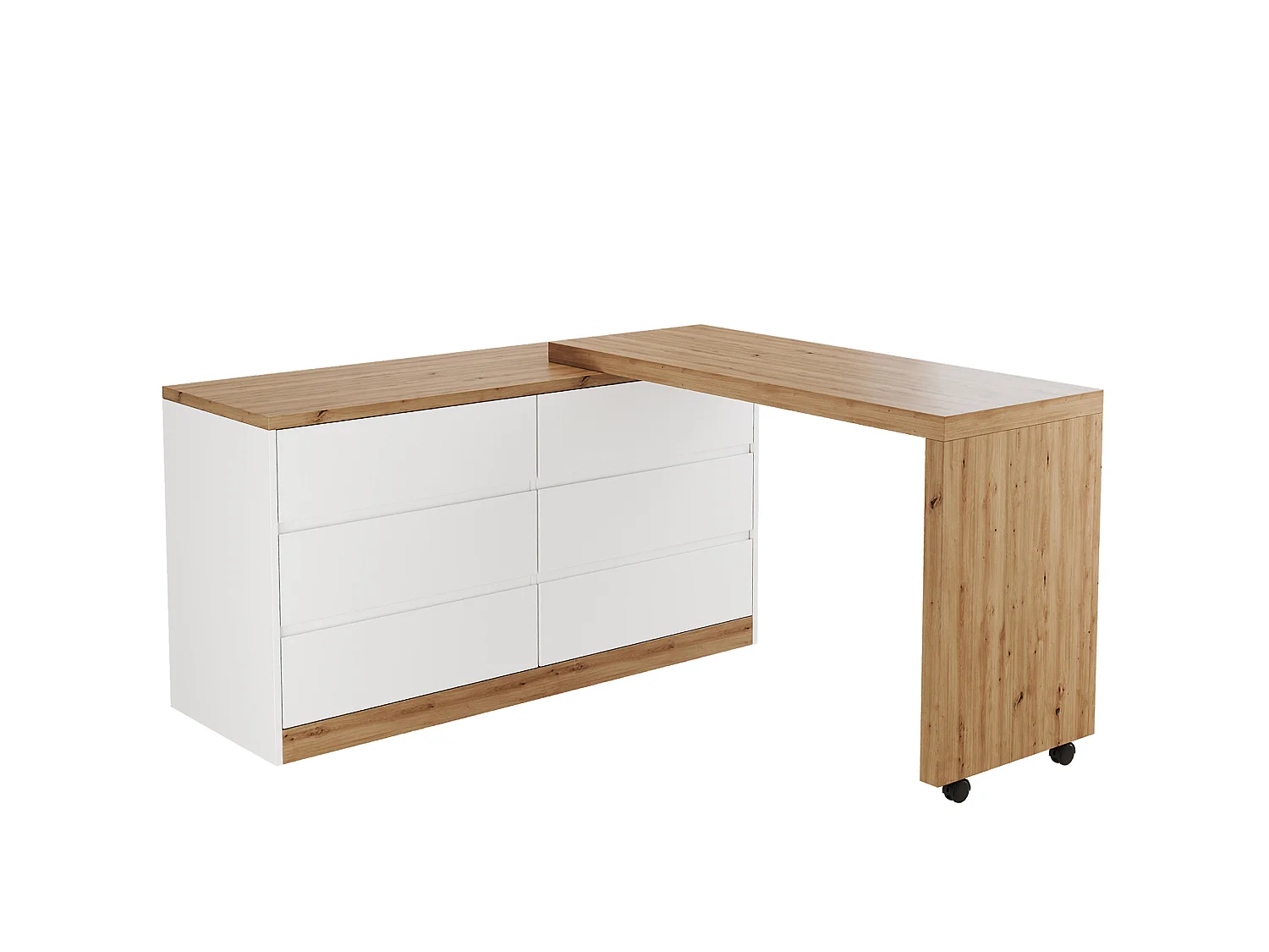 Bureau d’angle pliant pivotant avec 6 tiroirs - Blanc et bois