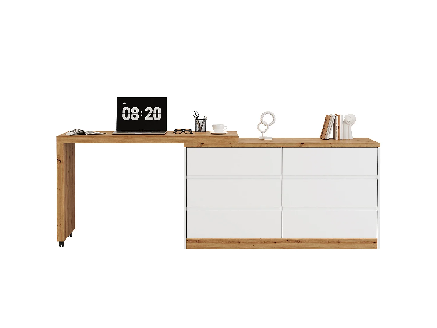 Bureau d’angle pliant pivotant avec 6 tiroirs - Blanc et bois