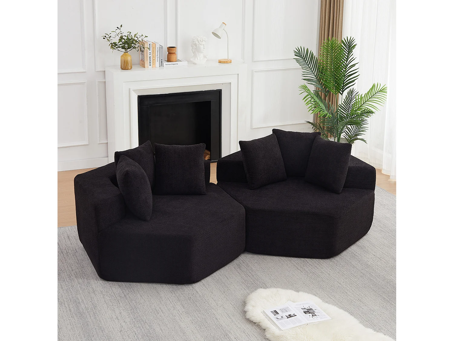 Lot de 2 fauteuils modulables hexagonaux en chenille avec coussins - Noir
