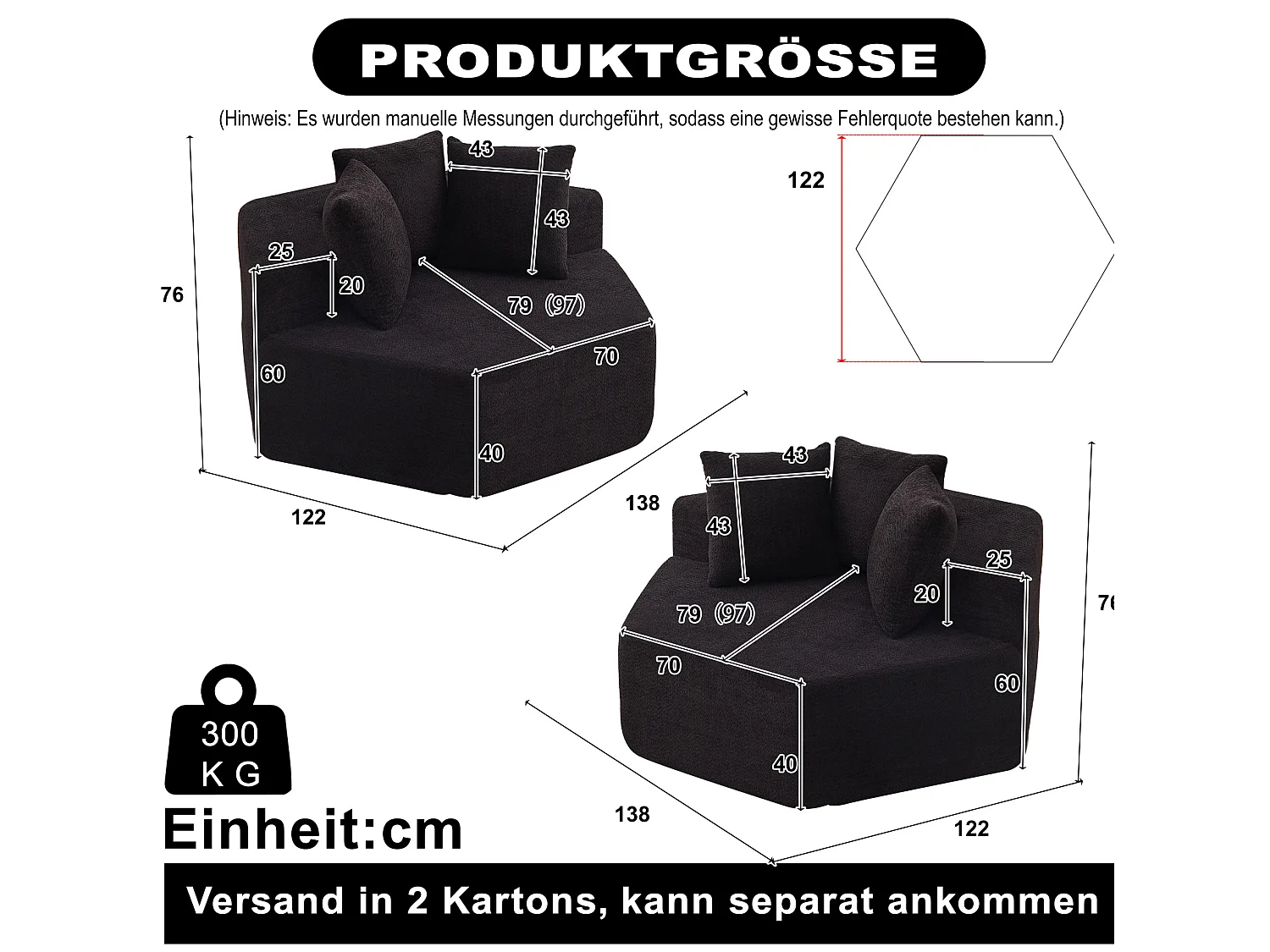 Lot de 2 fauteuils modulables hexagonaux en chenille avec coussins - Noir