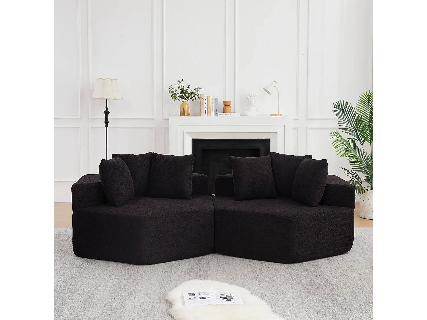 Lot de 2 fauteuils modulables hexagonaux en chenille avec coussins - Noir