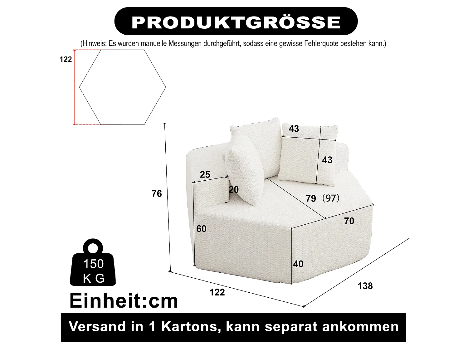 Fauteuil simple hexagonaux en chenille avec coussins - Beige