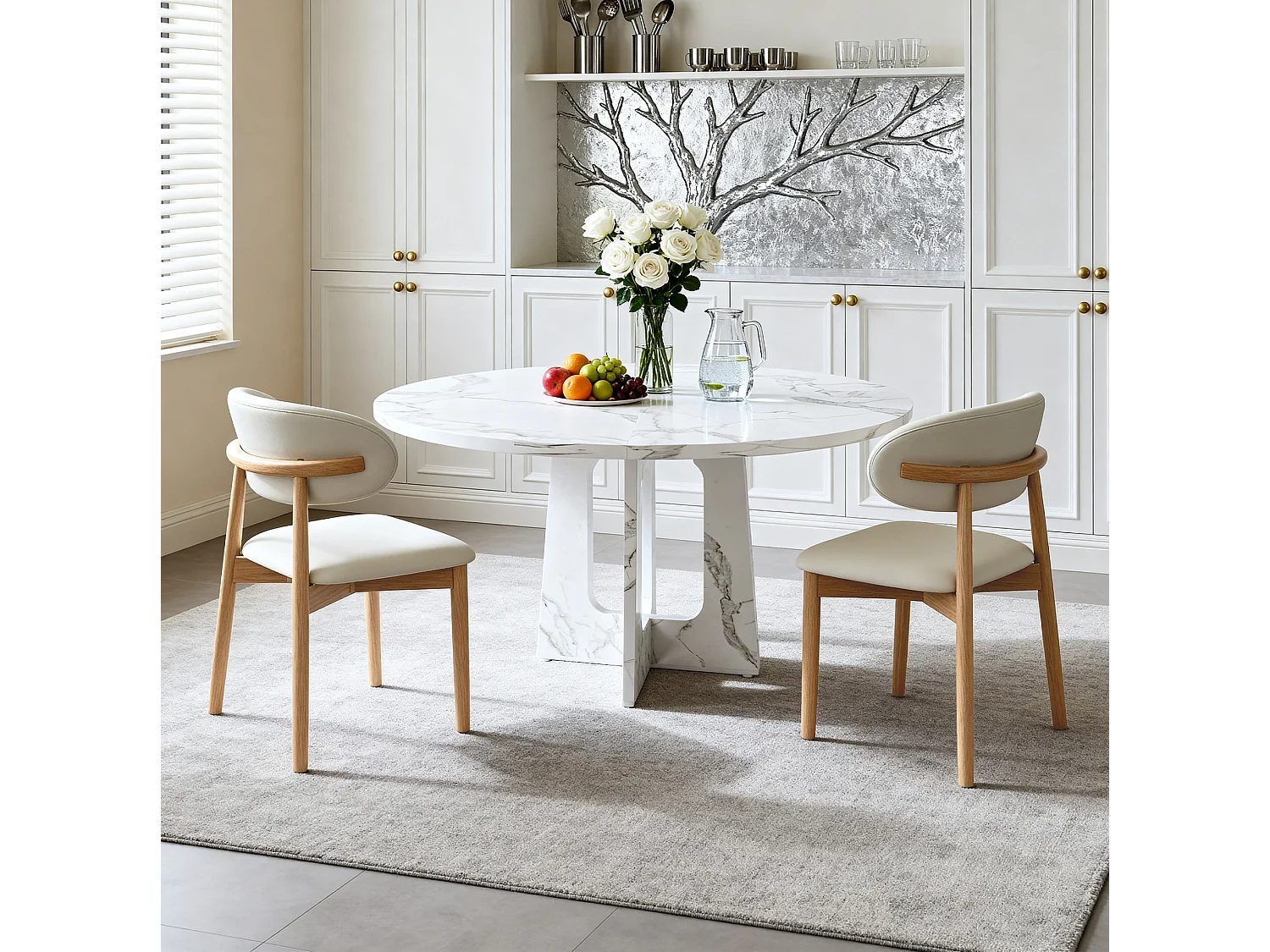 Ensemble table rond 120 cm + 2 chaises - Plateau en MDF effet marbre - Blanc et bois