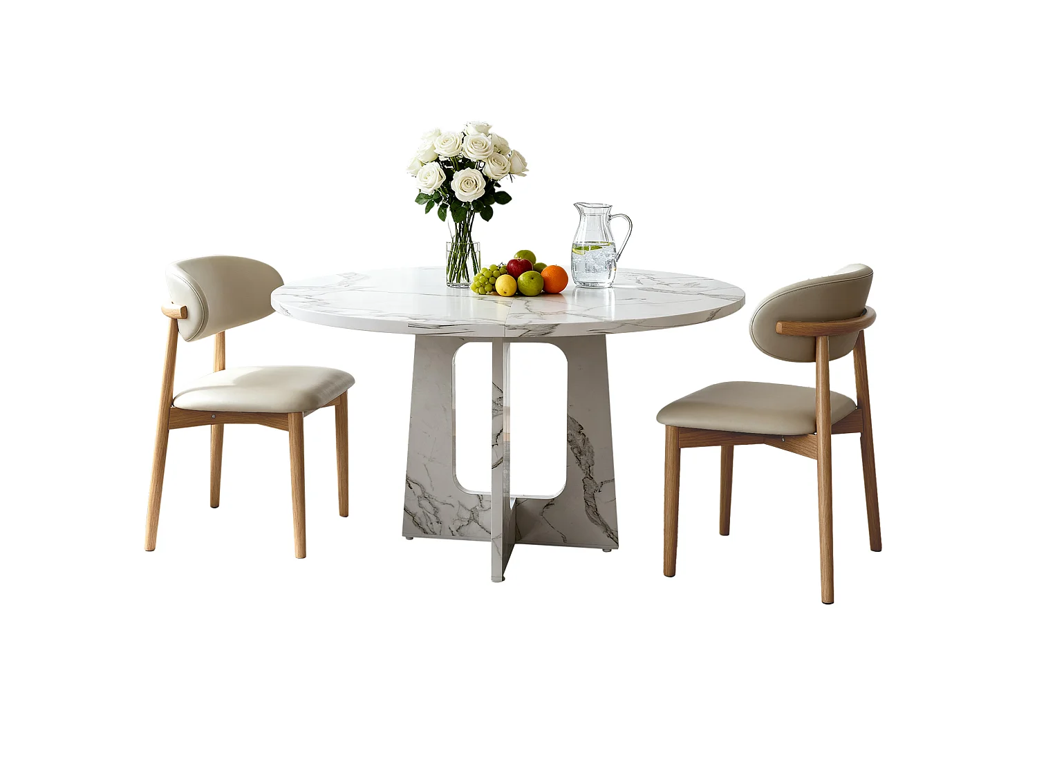 Ensemble table rond 120 cm + 2 chaises - Plateau en MDF effet marbre - Blanc et bois