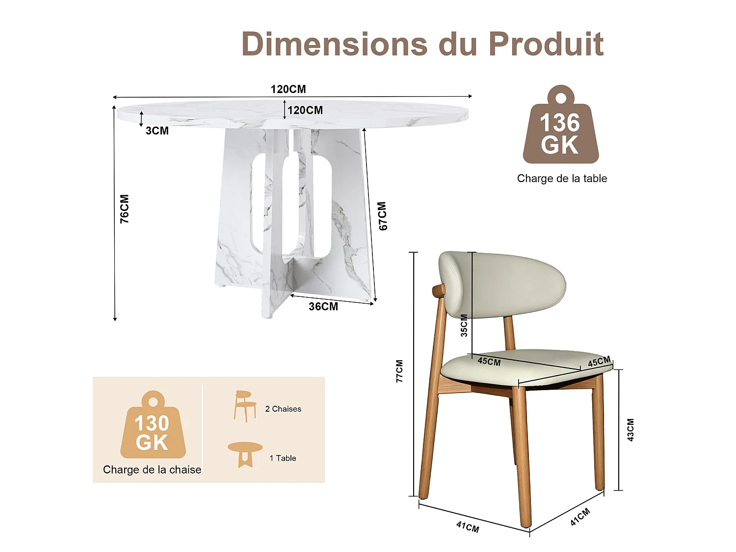 Ensemble table rond 120 cm + 2 chaises - Plateau en MDF effet marbre - Blanc et bois