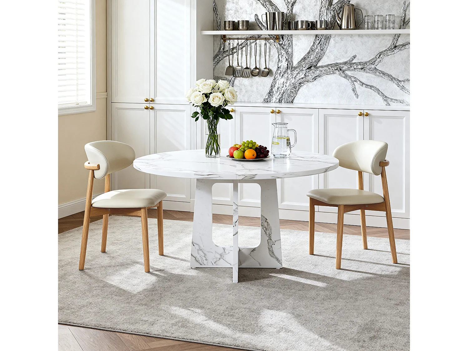 Ensemble table rond 120 cm + 2 chaises - Plateau en MDF effet marbre - Blanc et bois