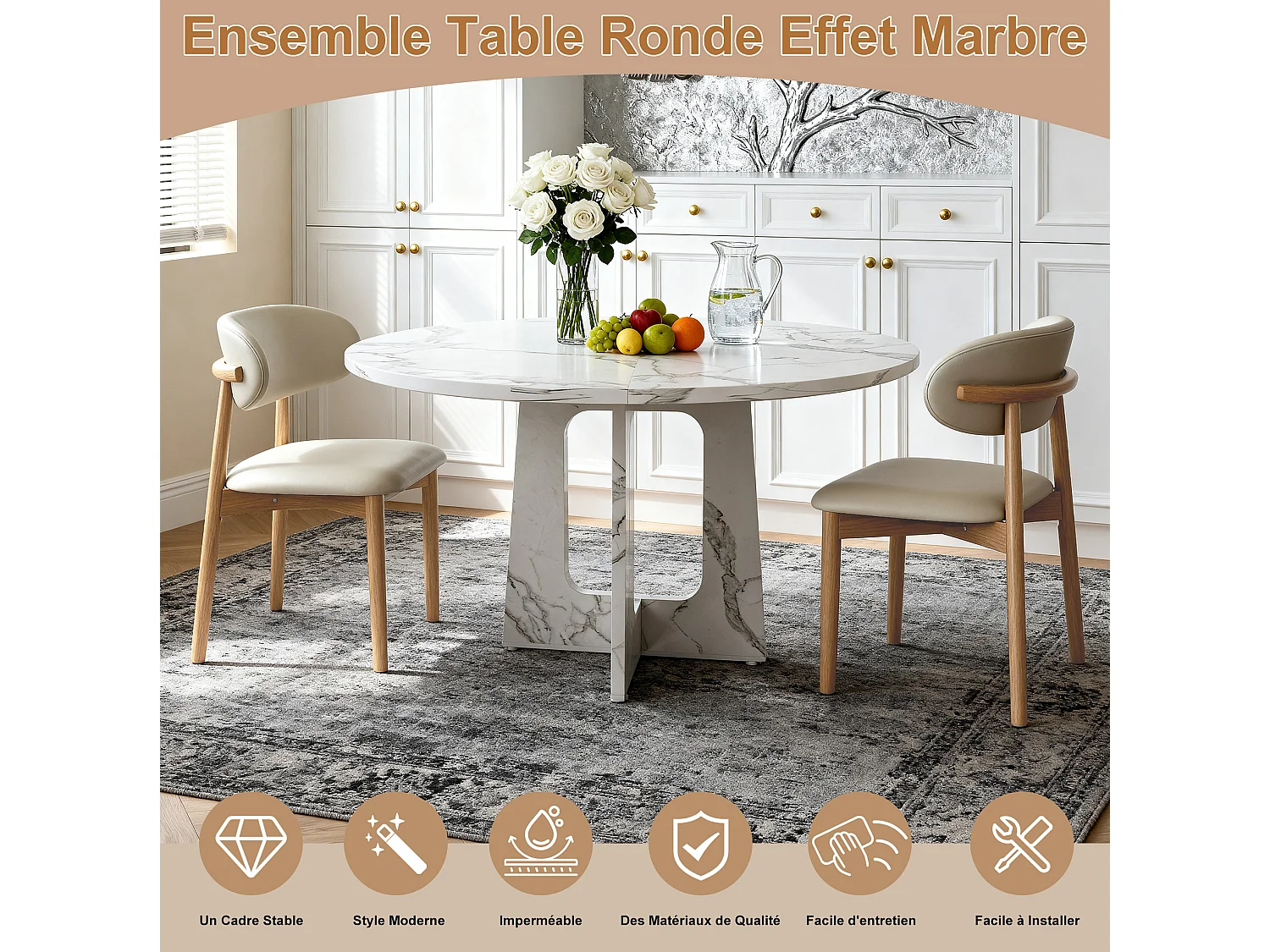 Ensemble table rond 120 cm + 2 chaises - Plateau en MDF effet marbre - Blanc et bois