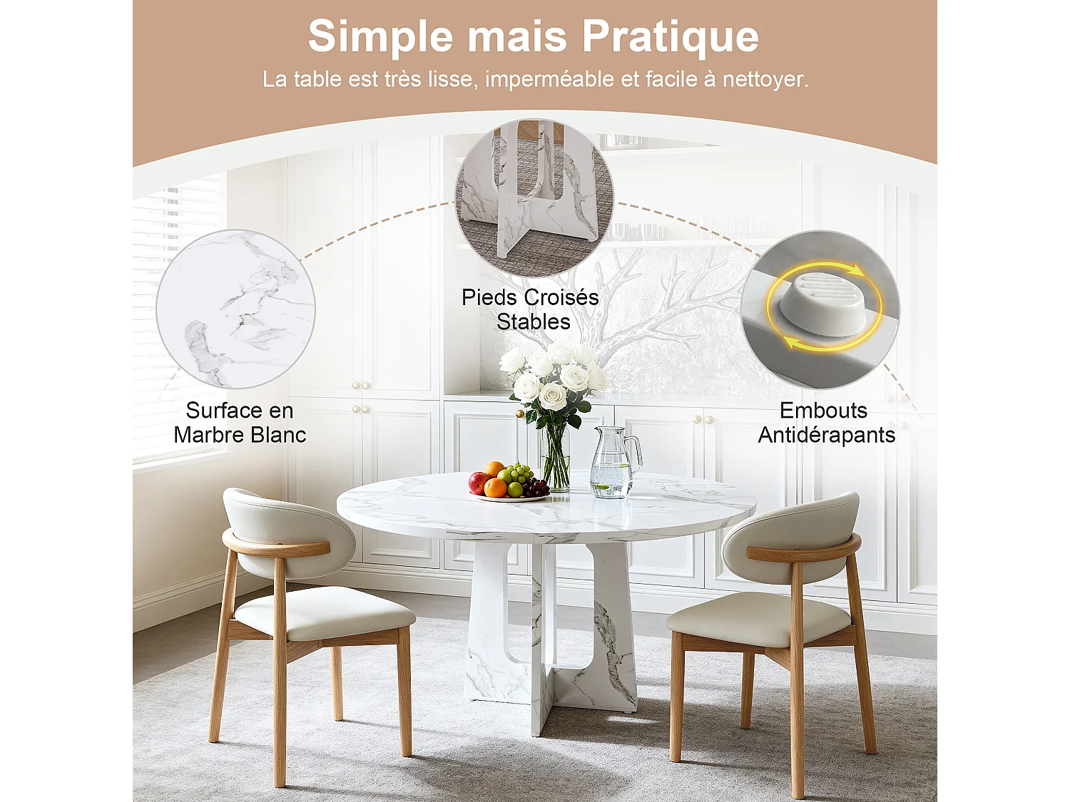 Ensemble table rond 120 cm + 2 chaises - Plateau en MDF effet marbre - Blanc et bois
