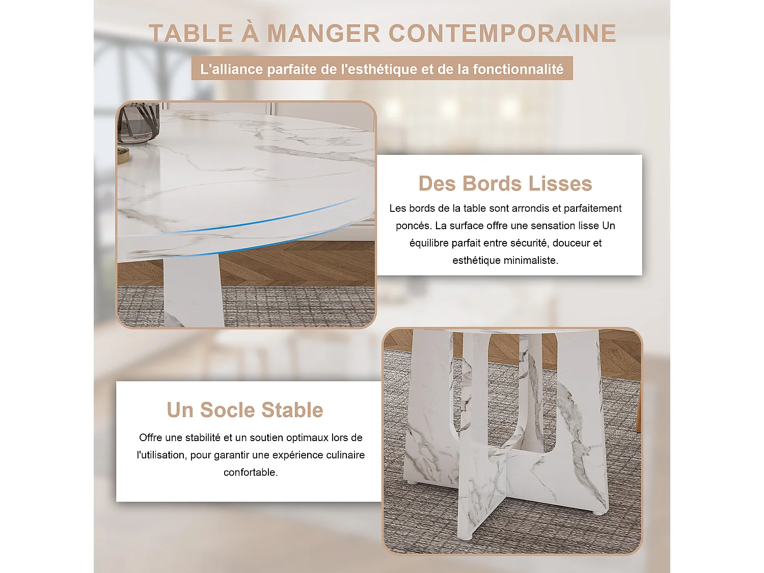 Ensemble table rond 120 cm + 2 chaises - Plateau en MDF effet marbre - Blanc et bois