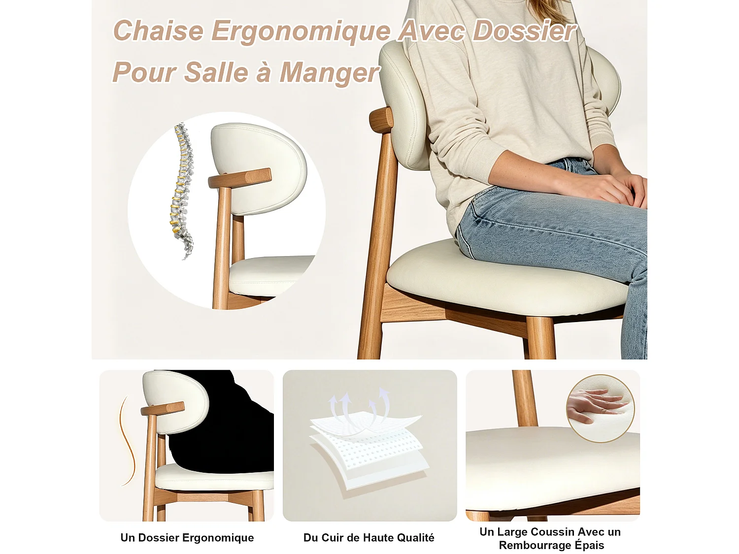 Ensemble table rond 120 cm + 2 chaises - Plateau en MDF effet marbre - Blanc et bois
