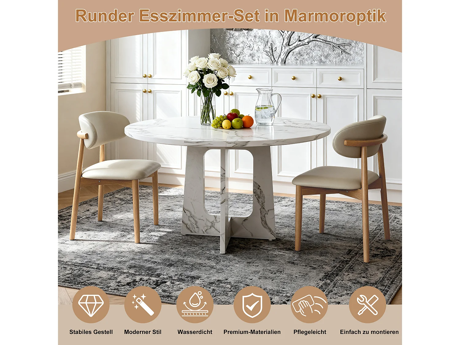 Ensemble table rond 120 cm + 2 chaises - Plateau en MDF effet marbre - Blanc et bois