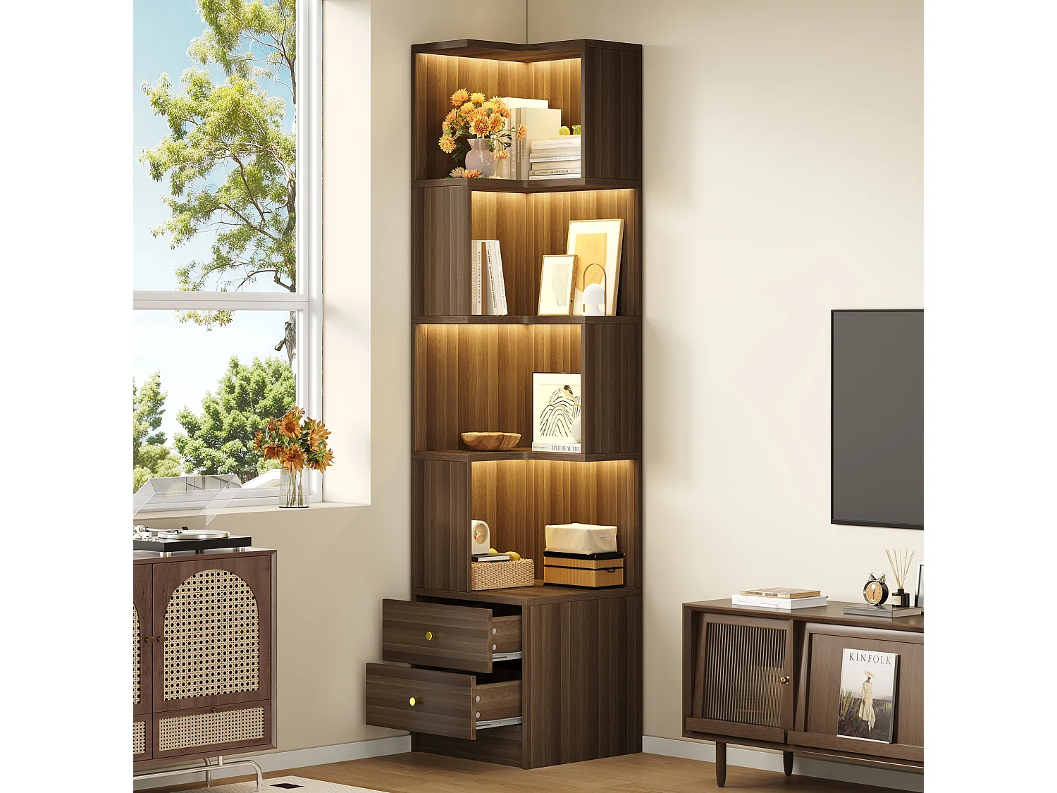 Hoekboekenkast, 45 x 43,5 x 180 cm, met ledverlichting en 2 lades - Bruin