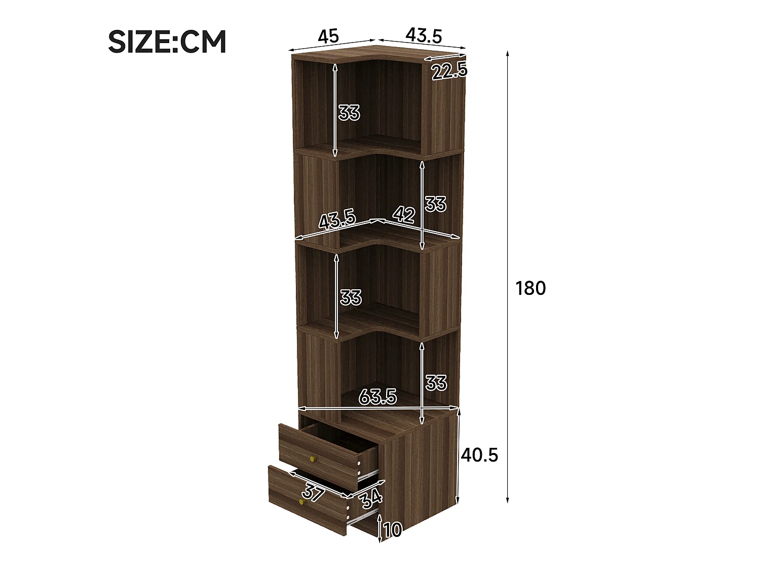 Hoekboekenkast, 45 x 43,5 x 180 cm, met ledverlichting en 2 lades - Bruin